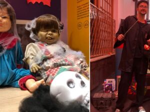 Imagem mostra brinquedos de Halloween e pessoas fantasiadas.