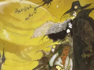 Ilustração em traços japoneses mostra dois personagens, uma mulher de véu e um homem com vestimentas pretas se abraçando em um fundo de cores terrosas.