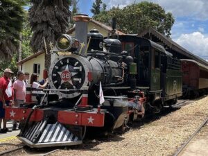 Trem Maria Fumaça preto com número 68 parado em estação, com passageiros e palmeiras.