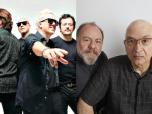 Músicos das bandas Jota Quest (esquerda) e Paralamas do Sucesso (direita) posam para foto.