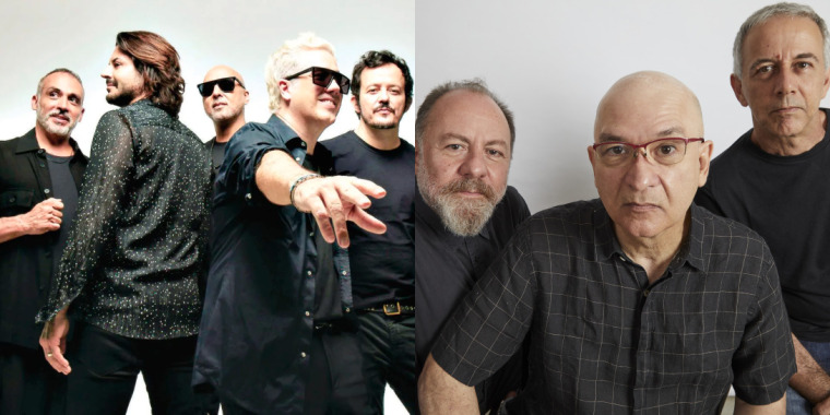 Músicos das bandas Jota Quest (esquerda) e Paralamas do Sucesso (direita) posam para foto.