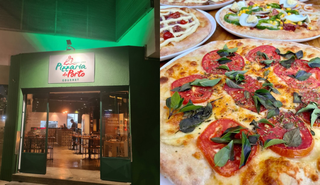 Fachada e pratos da tradicional Pizzaria do Porto na Savassi.