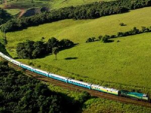 Vista aérea de um trem longo em trilhos curvos entre campos verdes e florestas densas.