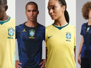 Quatro modelos exibem os novos uniformes amarelo e azul da seleção brasileira de futebol.
