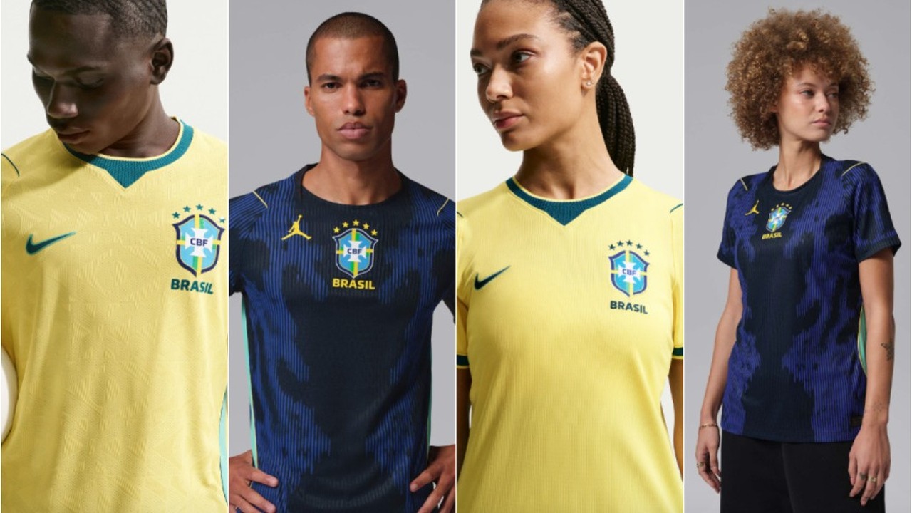 Quatro modelos exibem os novos uniformes amarelo e azul da seleção brasileira de futebol.
