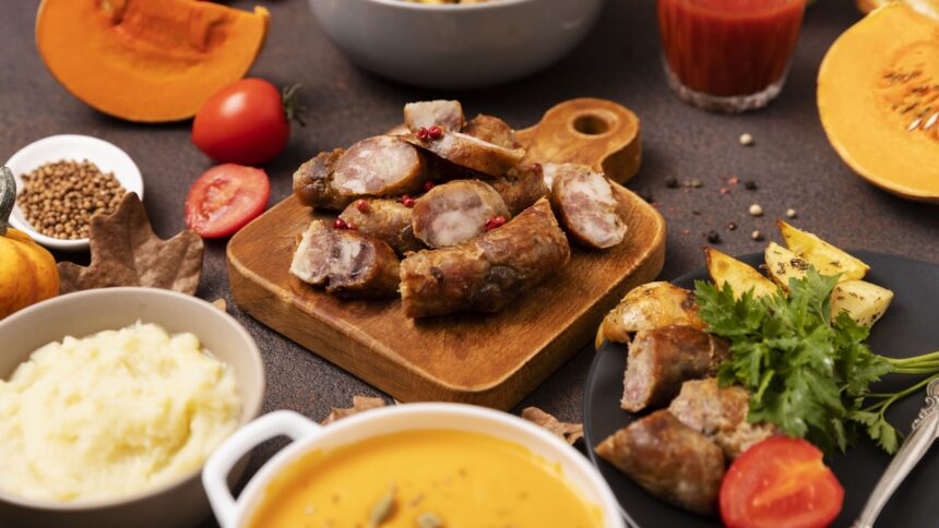 Fatias de linguiça, batatas assadas, purê, abóboras e sopa em uma mesa rústica.