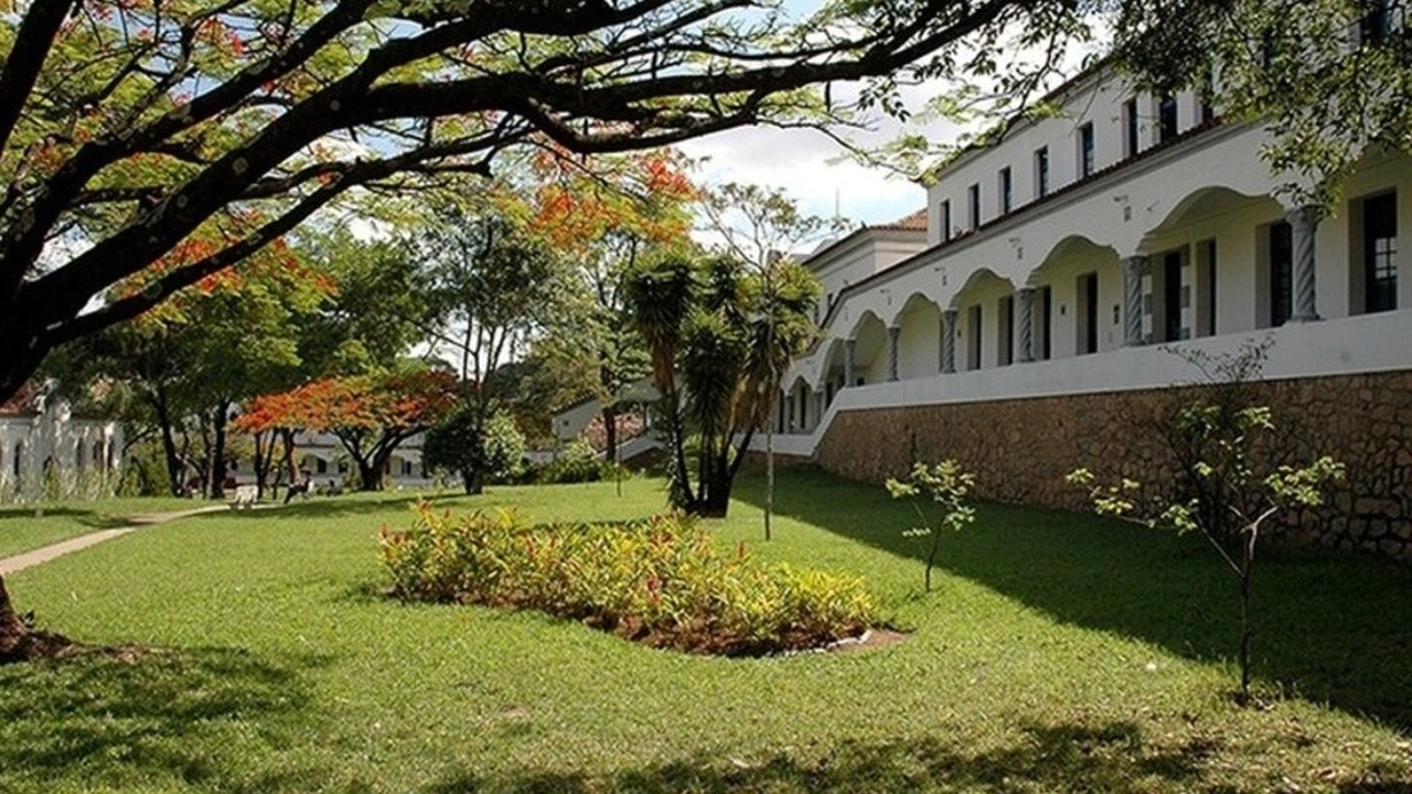 Prédio branco com arcos e colunas, gramado verde com árvores, sob luz solar.