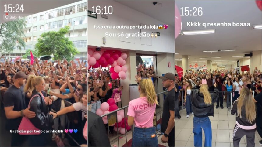 Influenciadora loira e segurança com multidão de fãs. Balões rosas. Textos indicam "Gratidão" e "Belo Horizonte".