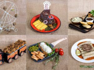 Colagem de seis pratos variados de boteco, com apresentações criativas de comida.