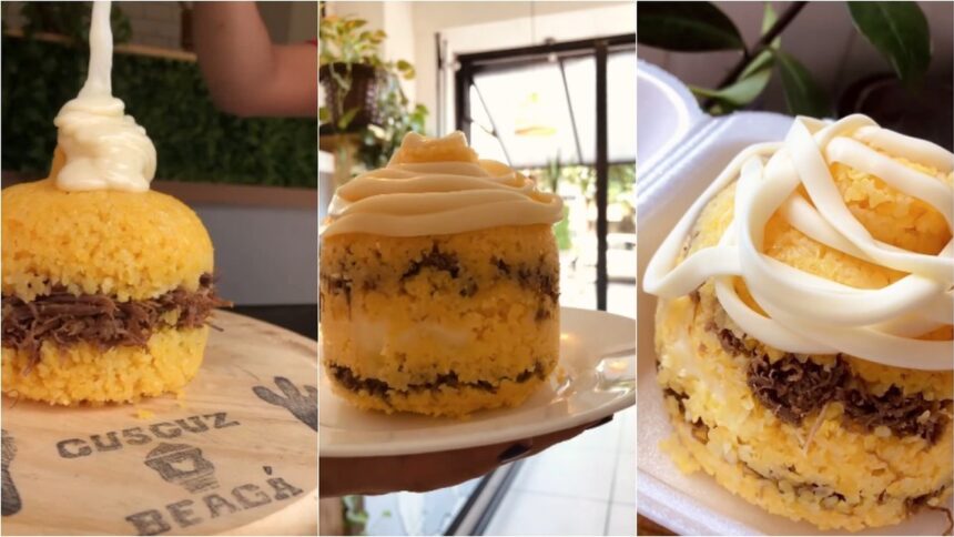 Três imagens de cuscuz recheado com carne e creme branco; uma com nome Cuscuz Beagá.