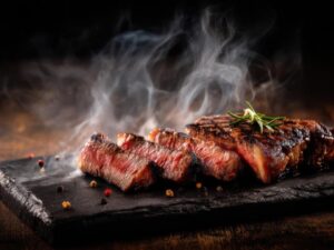 Fatias de bife grelhado com alecrim e fumaça em uma tábua de ardósia.