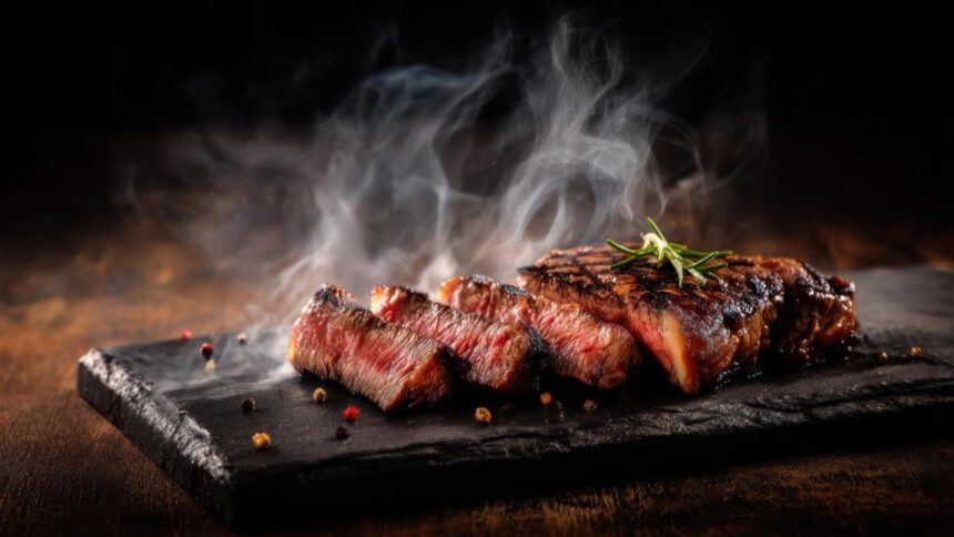 Fatias de bife grelhado com alecrim e fumaça em uma tábua de ardósia.