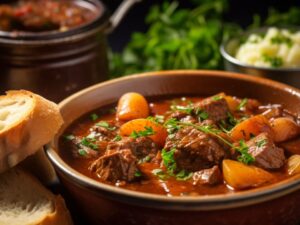 Ensopado de carne com batatas e salsa em tigela marrom, acompanhado de fatias de pão.
