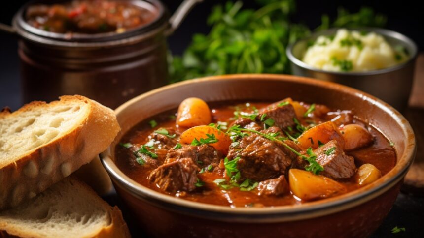 Ensopado de carne com batatas e salsa em tigela marrom, acompanhado de fatias de pão.