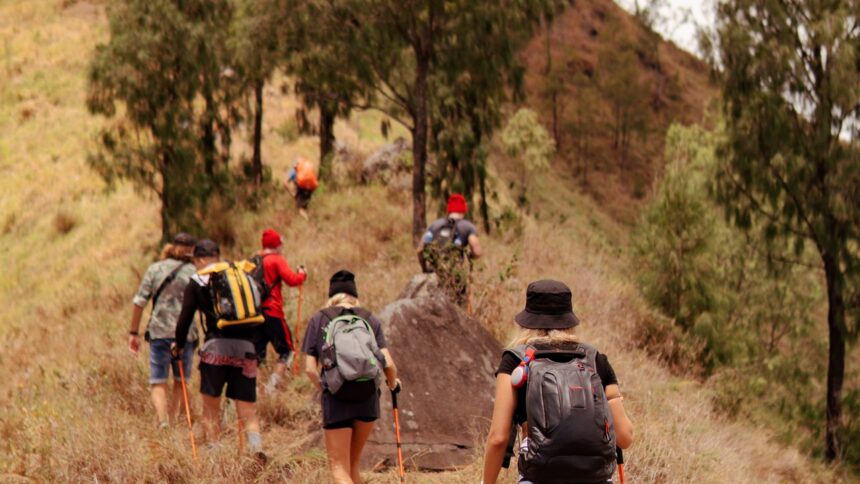Grupo de caminhantes com mochilas e bastões sobe trilha seca e gramada em montanha.