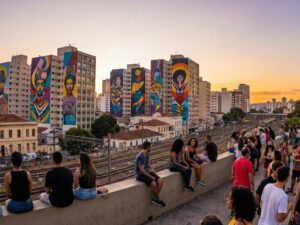Pessoas em bar na Rua Sapucaí, carros, viaduto iluminado e prédios ao fundo em Belo Horizonte.