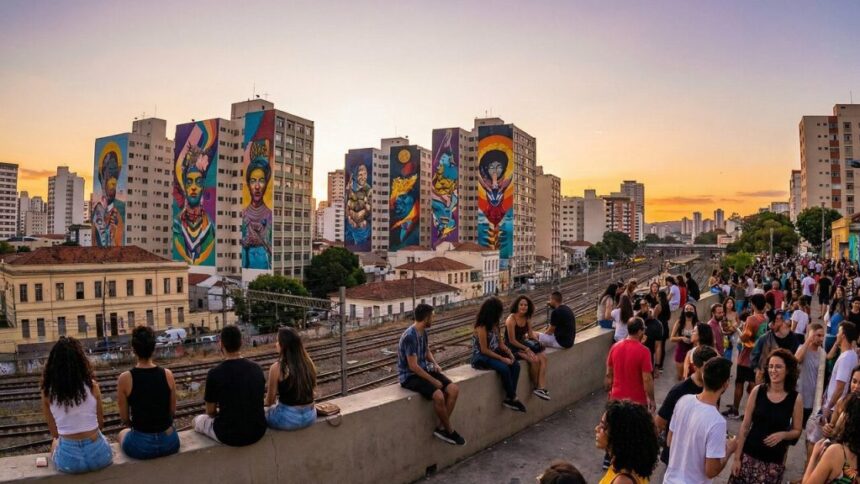Pessoas em bar na Rua Sapucaí, carros, viaduto iluminado e prédios ao fundo em Belo Horizonte.