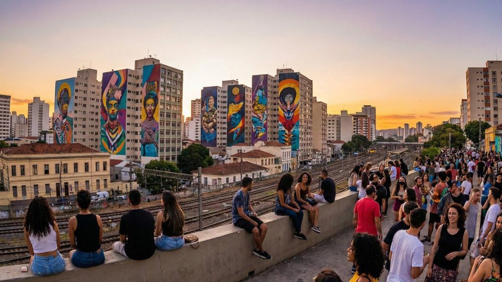 Pessoas em bar na Rua Sapucaí, carros, viaduto iluminado e prédios ao fundo em Belo Horizonte.
