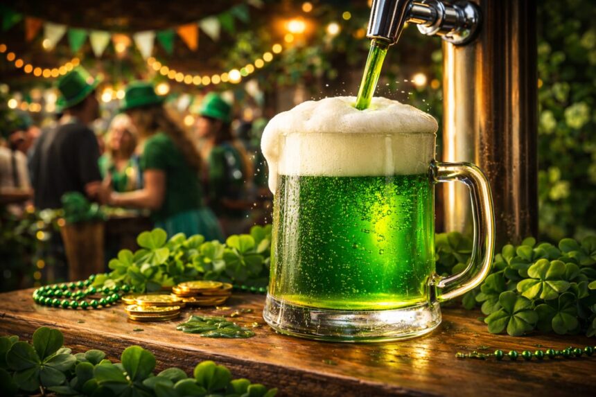 Caneca de cerveja verde típica das celebrações de Saint Patrick’s Day