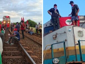 Manifestantes bloquearam os trilhos da Estrada de Ferro Vitória-Minas, em Tumiritinga (MG), e provocaram a suspensão das viagens do trem de passageiros da Vale