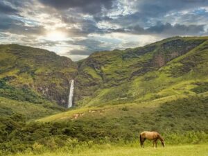 Cavalo marrom pastando em campo verde com cachoeira e montanhas luxuriantes sob céu nublado.