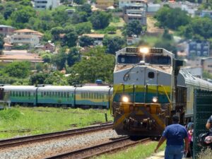 Locomotiva 1290 cinza e amarela puxa vagões verdes em trilhos, com pessoas e casas ao fundo.