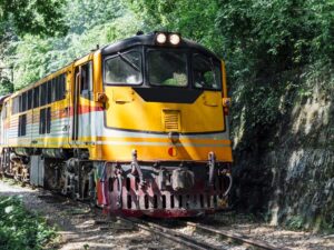 Trem amarelo, cinza e vermelho em trilhos, cercado por vegetação densa em paisagem natural.