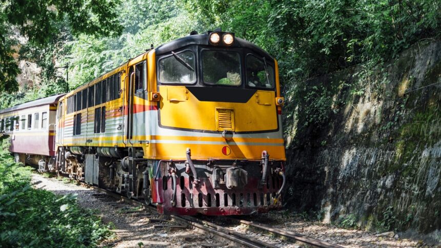 Trem amarelo, cinza e vermelho em trilhos, cercado por vegetação densa em paisagem natural.