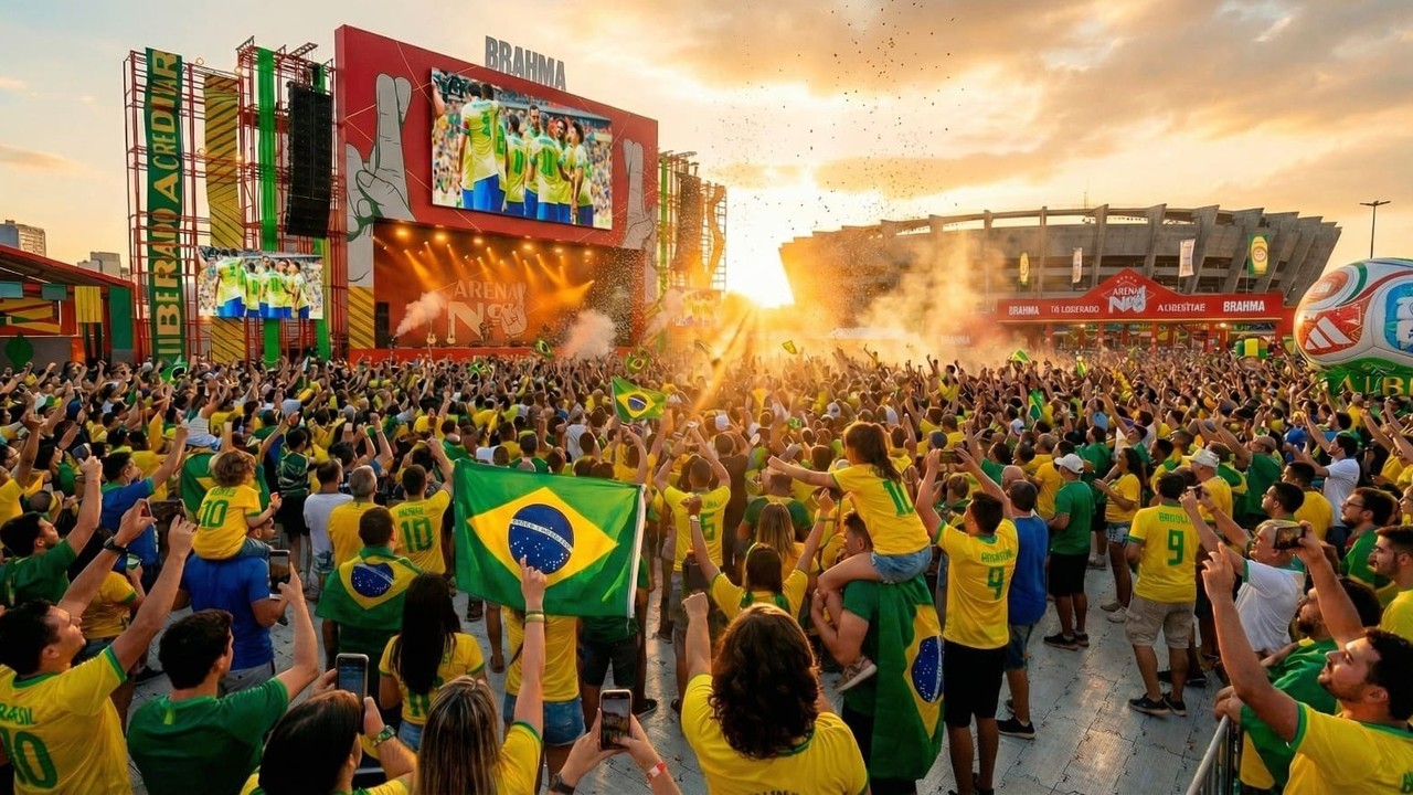 Multidão com camisas do Brasil, bandeiras, assiste jogo em telões da Arena Brahma. - (foto: Divulgação)