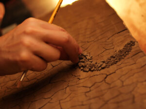 Mão de pessoa colocando pequenos pedaços de material em uma superfície de argila rachada