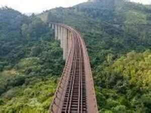 Viaduto ferroviário curvo atravessa montanhas densamente cobertas por vegetação verde.