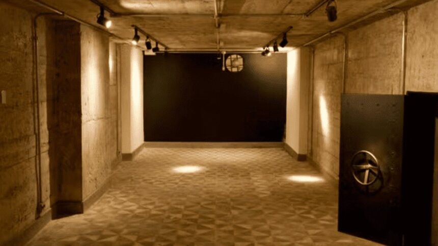 Corredor subterrâneo com paredes de concreto, piso de azulejos e uma porta de cofre aberta.