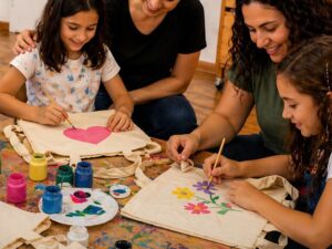 Mães e filhos participam de oficina de pintura de ecobags na Casa do Sol Botânico, em atividade especial para o Dia das Mães com foco em criatividade e vínculo afetivo