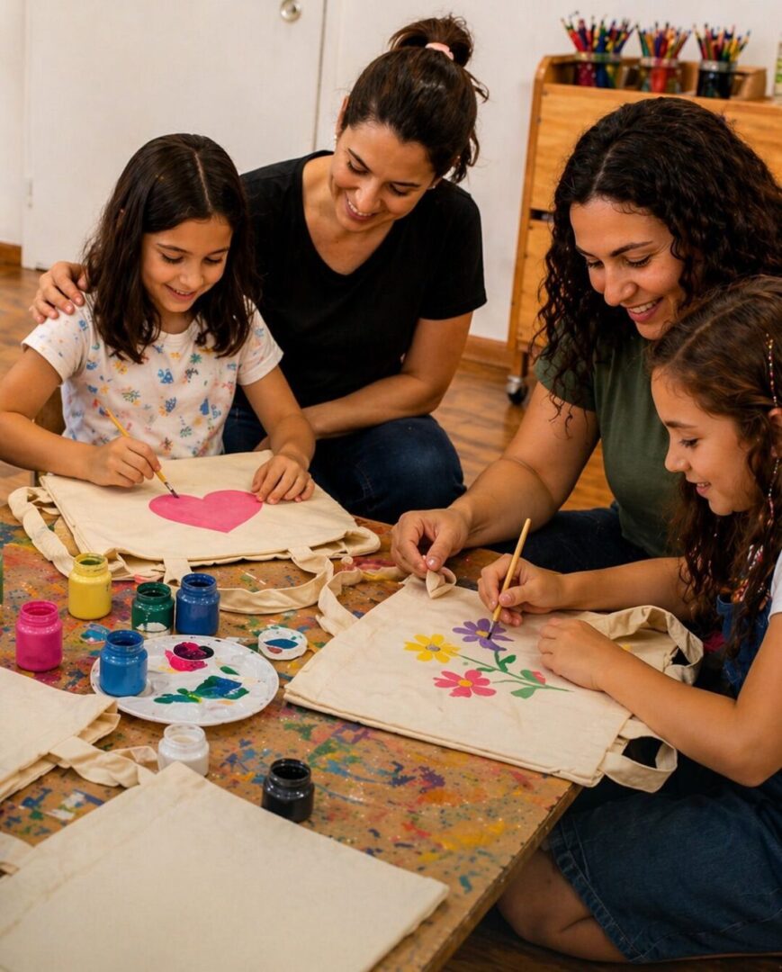 Mães e filhos participam de oficina de pintura de ecobags na Casa do Sol Botânico, em atividade especial para o Dia das Mães com foco em criatividade e vínculo afetivo