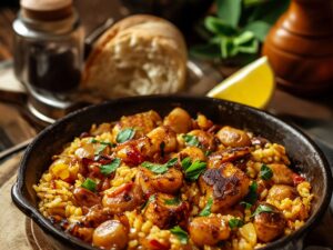 Prato de galinhada em panela de ferro preta, com frango, arroz amarelo e ervas frescas