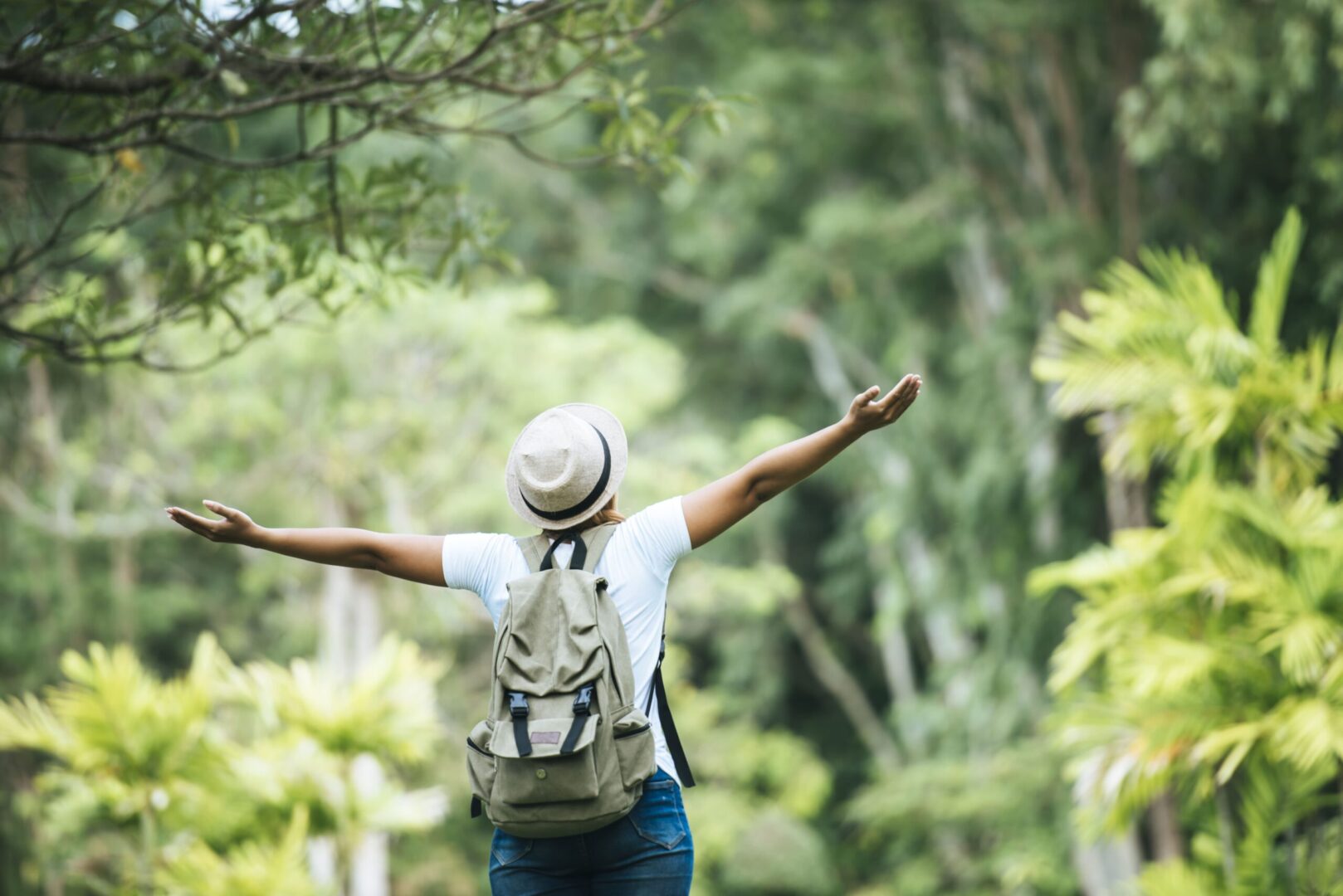 Pessoa de costas, braços abertos, com mochila e chapéu em paisagem natural verde e exuberante.