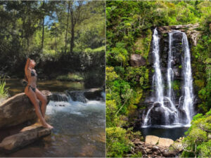 montagem com foto de isis e cachoeira