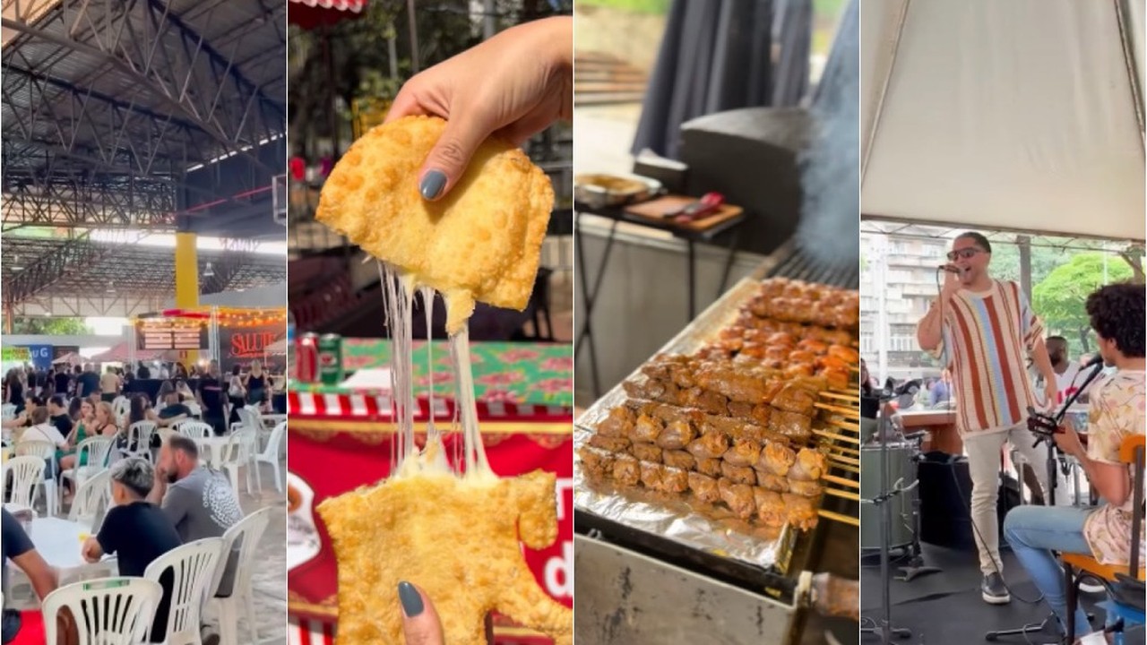Quatro painéis: multidão em feira, pastel com queijo, espetinhos grelhados e músicos tocando.