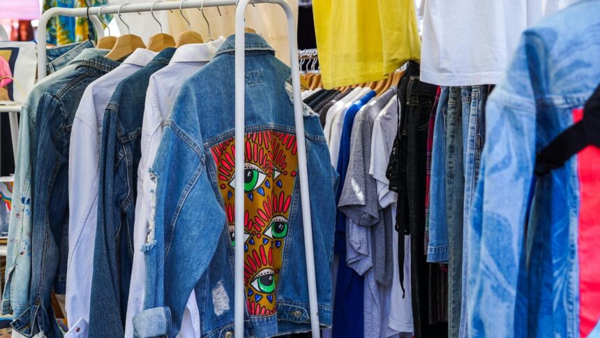 Variadas roupas penduradas em cabides, com destaque para uma jaqueta jeans azul decorada.
