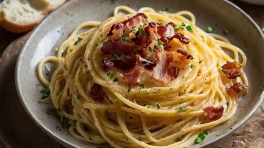 Espaguete cremoso com pedaços de bacon crocante e salsinha picada em um prato claro.