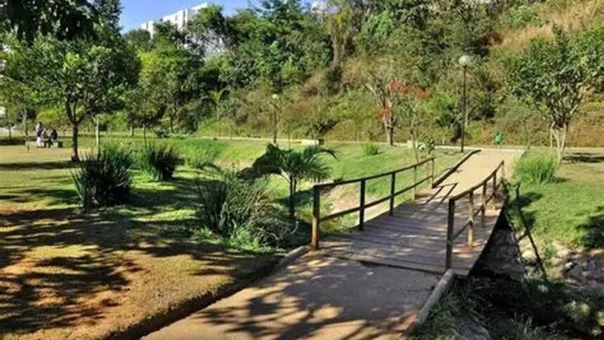 Ponte de madeira com corrimãos pretos sobre riacho, em parque gramado, com árvores e pessoas.