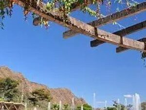 Céu azul sobre pérgola de madeira com folhagem verde e montanhas, fontes de água em parque.