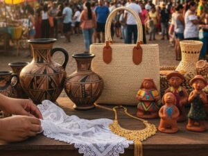 Mãos organizam produtos artesanais em uma feira de rua, com vasos de cerâmica e estatuetas.