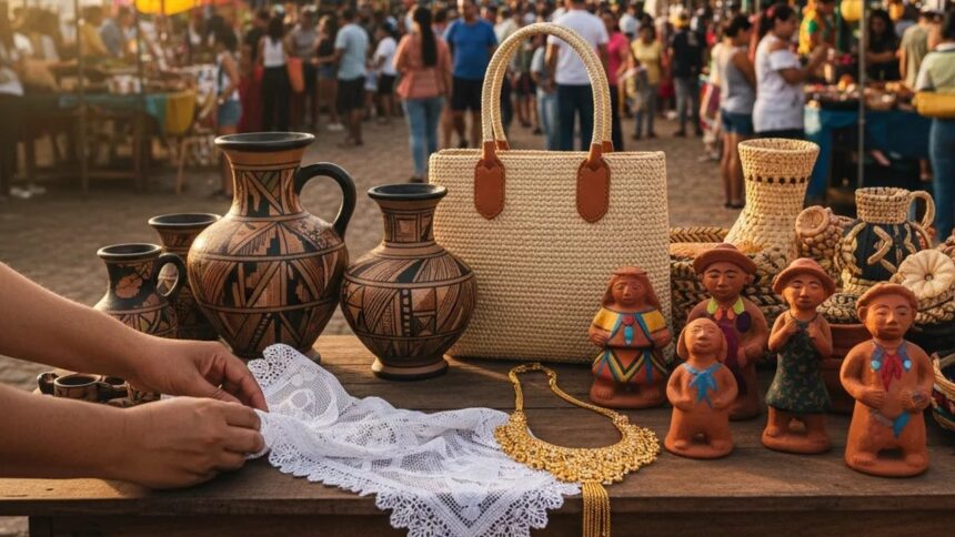 Mãos organizam produtos artesanais em uma feira de rua, com vasos de cerâmica e estatuetas.