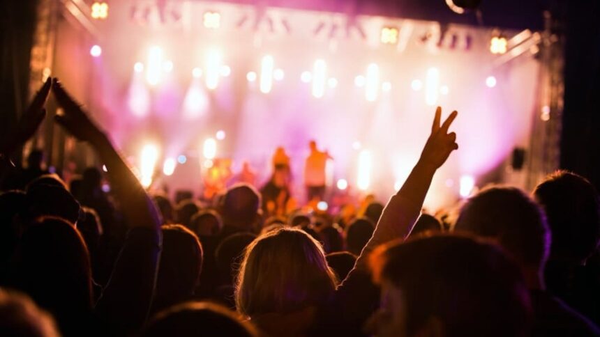 Pessoas em um festival com mãos levantadas, de costas para o palco iluminado.