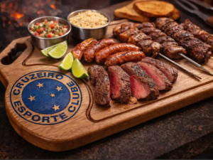 Vista aérea de tábua de madeira com churrasco variado, acompanhamentos, limões e o logo do Cruzeiro