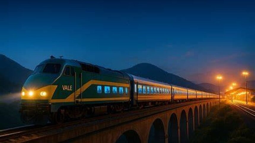 Trem verde e amarelo da Vale em uma ponte à noite, com faróis e janelas acesas.