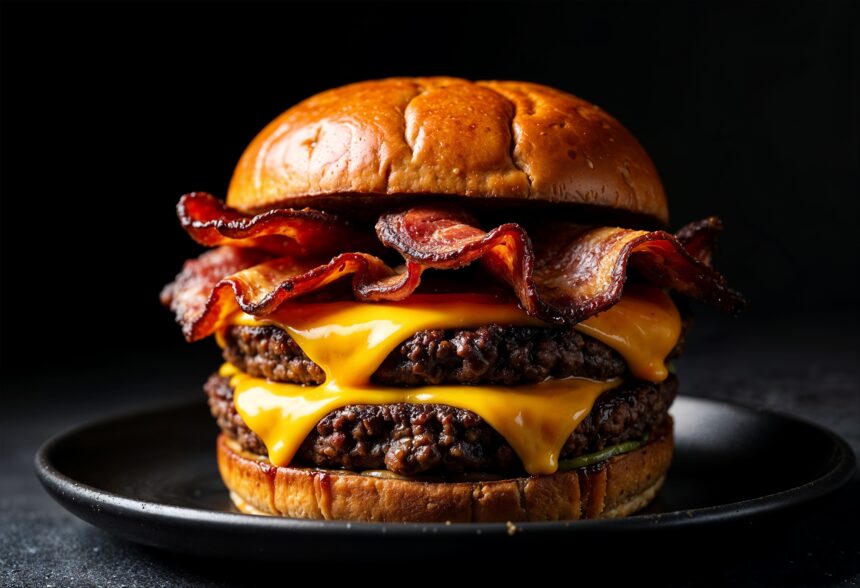 Hambúrguer artesanal com bacon e cheddar derretido