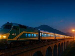 Trem verde e amarelo com nome 'VALE' à noite, cruzando viaduto com luzes acesas e montanhas.