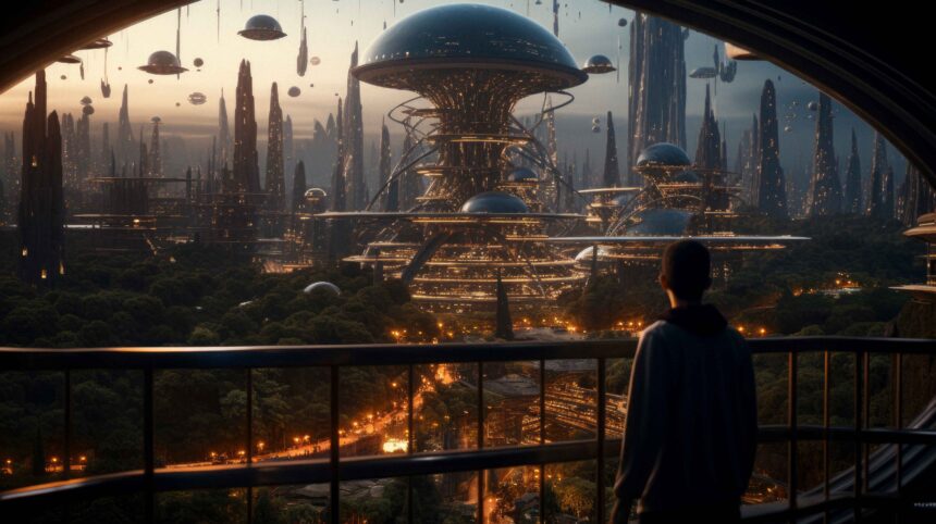 Pessoa em varanda observando cidade futurista iluminada com arranha-céus, naves voadoras e floresta.